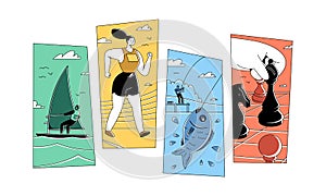 Unpopular sports flat vector illustration, sport fishing, chess photo