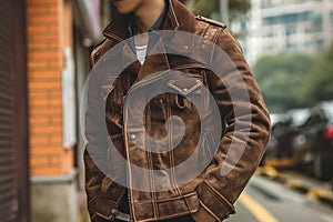 Unposed Asian man brown jacket street photo. Generate Ai