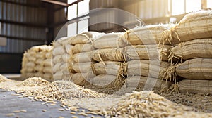 Unprocessed Rice Stacks in White Rice Mill