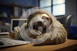 Unproductive Sloth sleeping office. Generate Ai