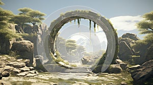 Unreal Engine Oasis: A Mythology-inspired Circular Gate Surrounded By Nature photo