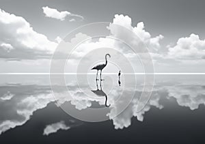 Unreal and gloomy landscape with clouds and a flamingo, in the water. Minimalist style. AI generated