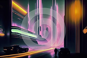 Unreal graphic night scene from a big city with skyscrapers, speeding sports cars and colorful neon lights, made with generative