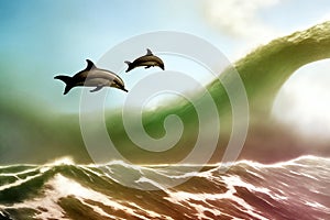 Unreal illustration of dolphins jumping and flying over high waves in the ocean, made with generative AI