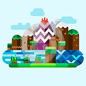 Unreal mountains landscape. Tropical island with volcano, rocks and river. Flat illustration.