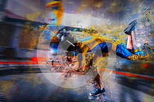 Unreal. Photography with a sporty style. The illusion of an active lifestyle. Banner for business. Computer graphics and sports. S