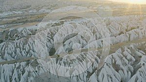 Unreal world of Cappadocia. Colorful landscape of sunrise in valley.Top view of national park in Goreme with its