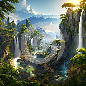 Unreal World Waterfall Tree Landscape Mountain