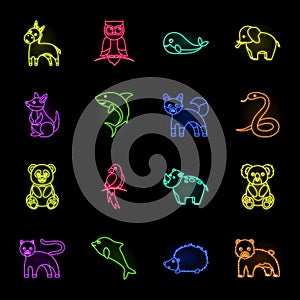 An unrealistic animal neon icons in set collection for design. Toy animals vector symbol stock web illustration.
