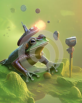Unrealistic Frog siting on the ground and aliens flying around. Generative AI illustration