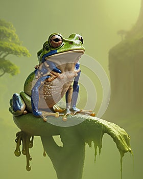Unrealistic Frog sitting on green leave. Generative AI illustration