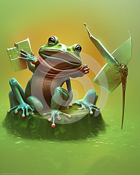 Unrealistic Frog sitting sits on a stump and holds pieces of ice or iron. Generative AI illustration