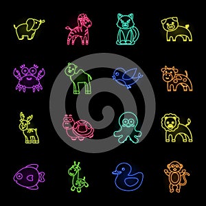 An unrealistic neon animal icons in set collection for design. Toy animals vector symbol stock web illustration.