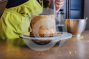 Unrecognisable woman decorating a delicious layered sponge cake with chocolate icing cream.