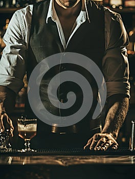 An unrecognizable barista is busy behind the counter of a bustling bar, expertly preparing drinks for customers photo