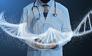Unrecognizable black doctor in lab coat holding shiny DNA spiral in his hands, collage