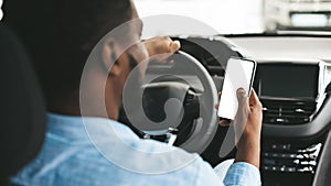 Unrecognizable Black Driver Using Mobile Phone Sitting In Automobile, Mockup