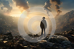 An unrecognizable boy stands on the edge of a giant landfill. Environmental Stewardship. generative AI