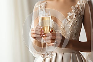 Unrecognizable bride holding champagne glass, white background. AI Generated