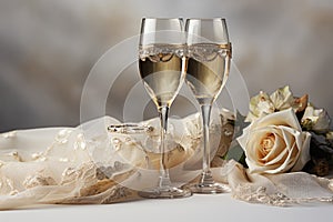 Unrecognizable bride holding champagne glass, white background. AI Generated