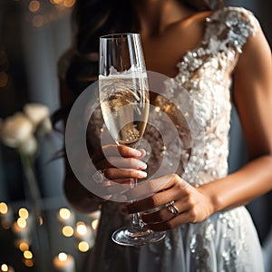 Unrecognizable bride holding champagne glass, white background. AI Generated