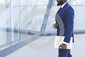 Unrecognizable Business Man Holding Digital Tablet Walking In City, Cropped