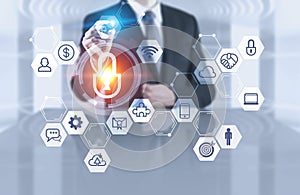 Businessman in office, digital security interface