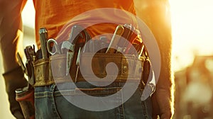 Unrecognizable construction workers toolbelt, filled with various tools