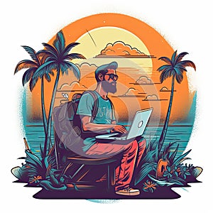 Unrecognizable digital nomad man traveling the world working, illustration for logo.