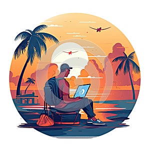 Unrecognizable digital nomad man traveling the world working, illustration for logo.