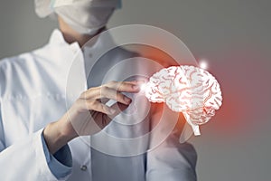 Unrecognizable doctor caring highlighted blue handrawn Brain. Medical illustration, template, science mockup
