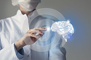 Unrecognizable doctor caring highlighted blue handrawn Brain. Medical illustration, template, science mockup