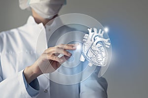 Unrecognizable doctor caring highlighted blue handrawn Heart. Medical illustration, template, science mockup