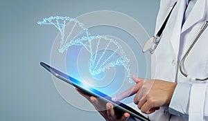 Unrecognizable doctor utilizes CRISPR and augmented reality to optimize patient care with virtual DNA on digital tablet
