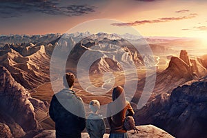 Unrecognizable family tourists looking at mountain and lake scenery