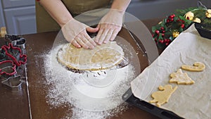 unrecognizable female hands cook dough pastry kitchen wooden table sifting flour