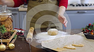 unrecognizable female hands cook dough pastry kitchen wooden table sifting flour