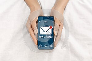 Unrecognizable Female Holding Smartphone With New Message Notification And Envelope Icon, Collage