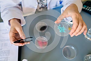 Unrecognizable female scientist showing blue glitter in facial cream sample over petri dish on lab