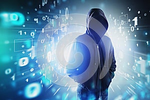 Unrecognizable hacker and binary numbers interface