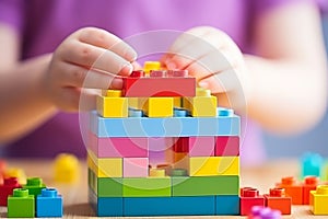 Unrecognizable little boy playing with colorful lego blocks, developing fine motor skills