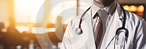 Unrecognizable male doctor wearing stethoscope in hospital, blurred interior background photo