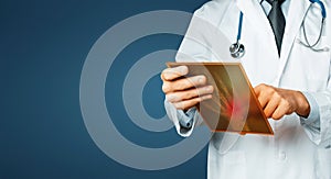 Unrecognizable male doctor in a white lab coat with a stethoscope uses a tablet, using a digital patient support system, test resu