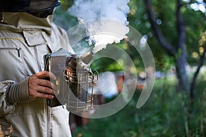 Unrecognizable man beekeeper working in apiary, using bee smoker.