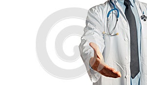 Unrecognizable Man Doctor Holds Out His Hand To Say Hello. Greeting Patient. Healthcare Medicine Concept isolated on white backgro