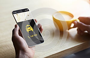 Unrecognizable Man Ordering Taxi Calling By Smartphone Indoors, Cropped, Closeup