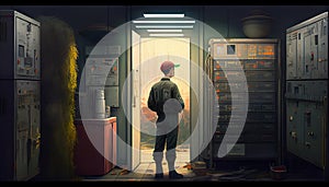 Unrecognizable man in server room, back view. Generative AI