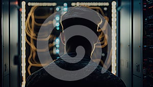 Unrecognizable man in server room, back view. Generative AI