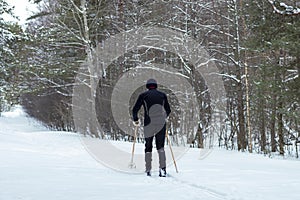 An unrecognizable man walks cross-country skiing in a winter nature park. Outdoor activities