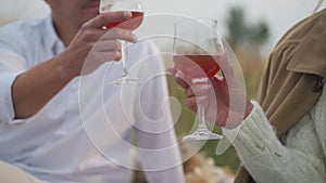Unrecognizable man and woman clinking glasses with red wine sitting on picnic on overcast autumn day. Young Caucasian
